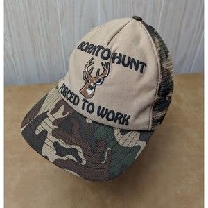 VTG  80’s “BORN TO HUNT FORCED TO WORK” -  Camo Trucker Hat - Made In USA - GHA